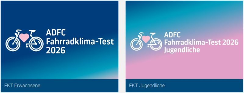 2 Bilder Fahrrad mit Herz und Text zu Bild 1 ADFC Fahrradklima-Test 2026 für Erwachsene. Text auf Bild 2: ADFC Fahrradklima-Test 2026 für Jugendliche